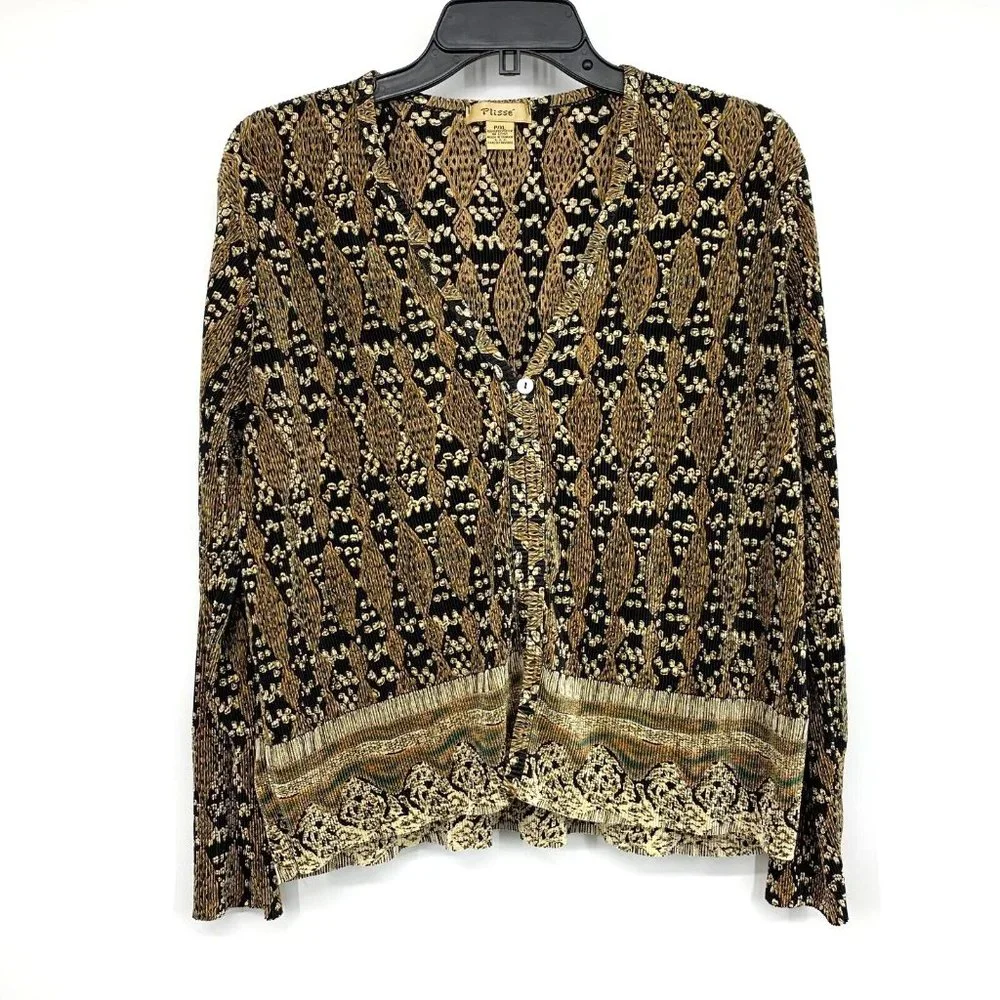 Plisse Jacket Top VNeck Single Button Long Sleeve Vintage Brown